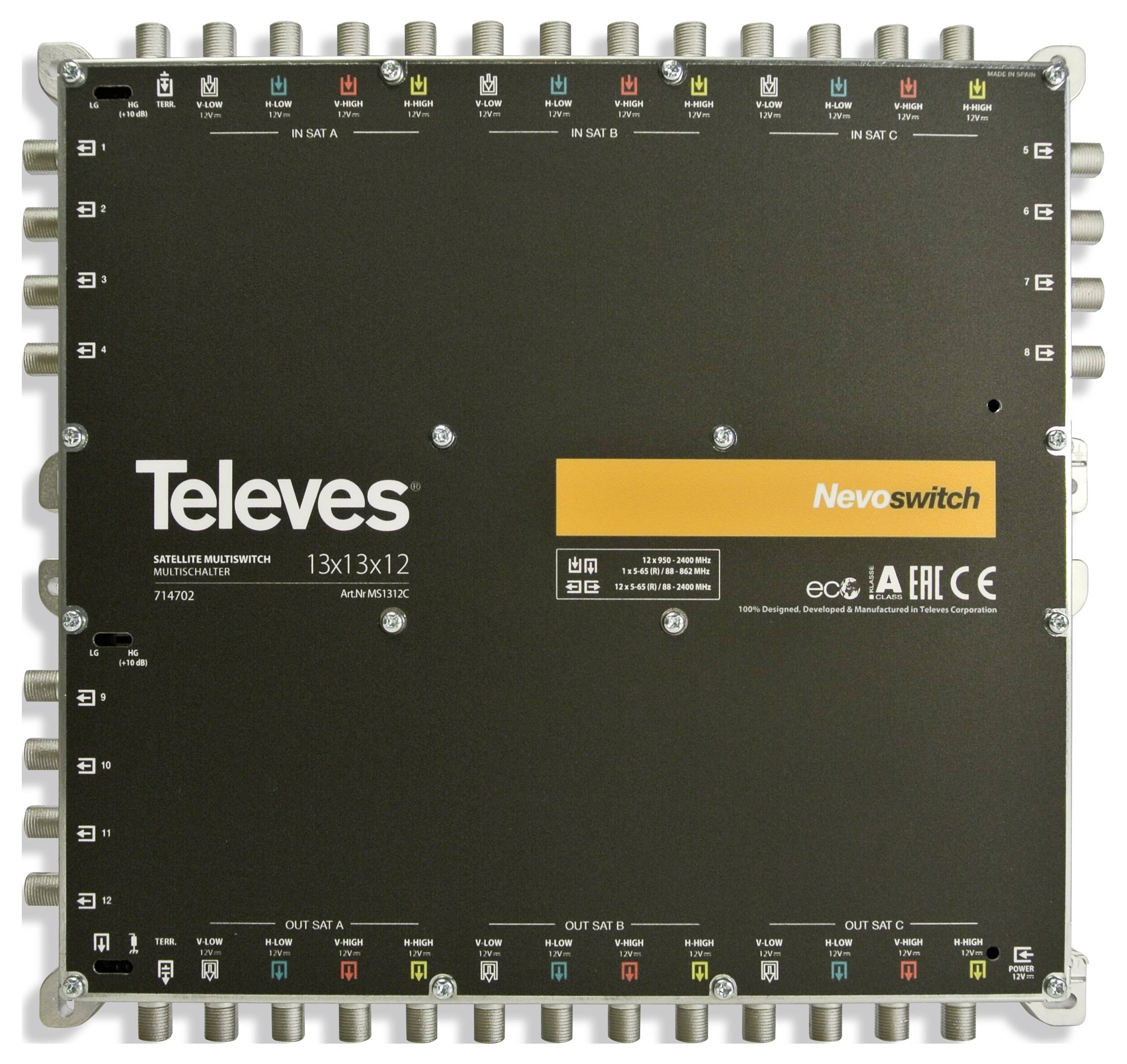 Čierny satelitný multispínač Televes Nevoswitch s viacerými vstupnými a výstupnými portami, používaný na distribúciu satelitných signálov.