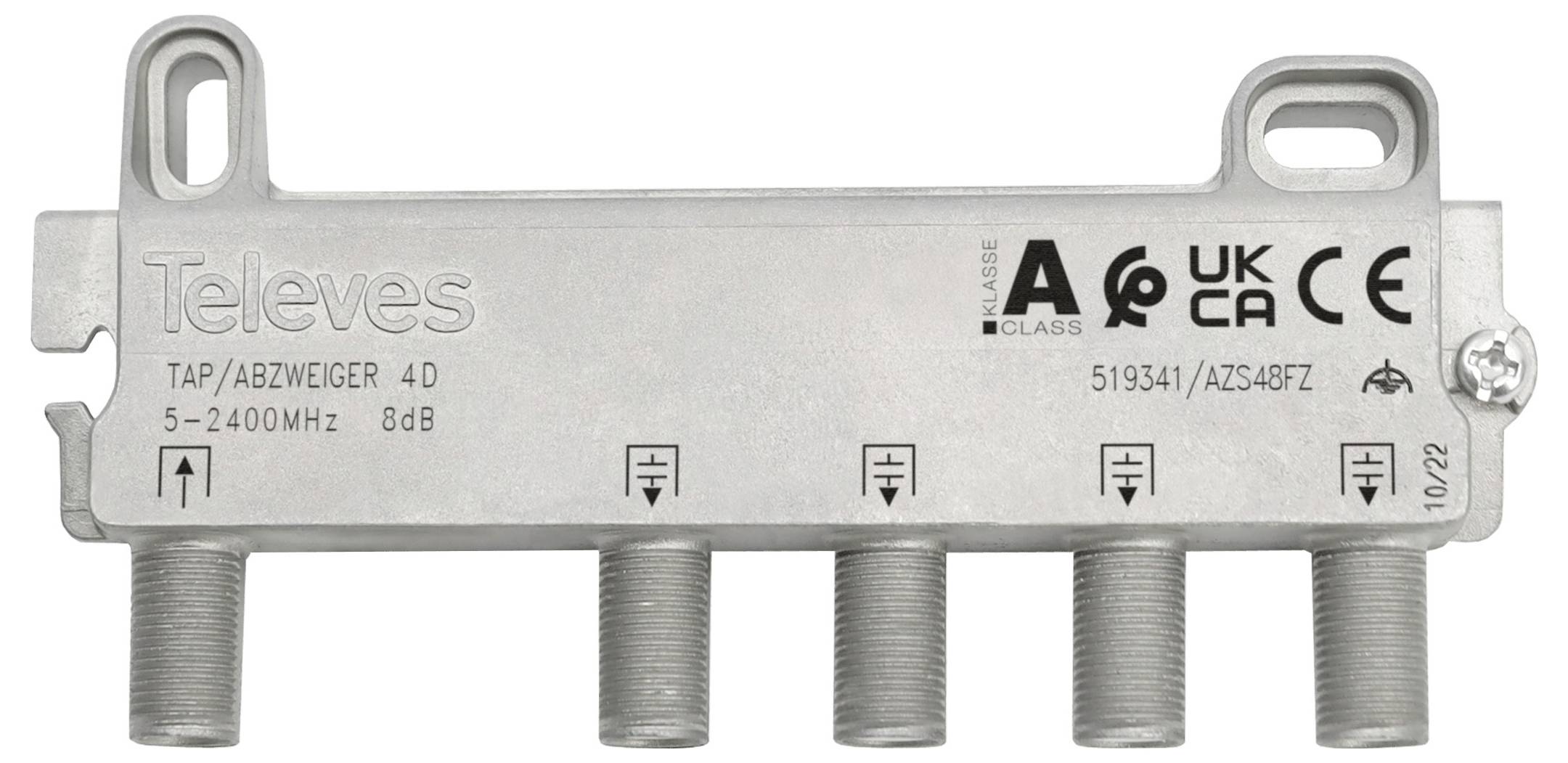 'Televes TAP/ABZWEIGER 4D', kovové zariadenie s piatimi koaxiálnymi konektormi pre 5-2400 MHz, 8 dB; označené certifikačnými logami.