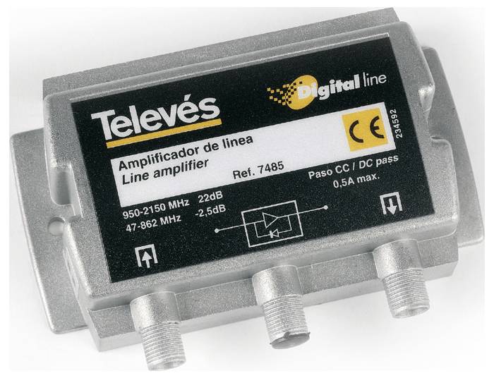 Televes digitálny lineárny zosilňovač, model Ref. 7485, pre 950-2150 a 47-862 MHz, zosilnenie 22 dB a -2,5 dB, priechod jednosmerného prúdu, max. 0,5A.