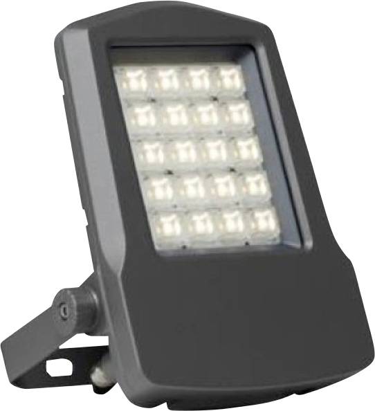 Čierny vonkajší LED reflektor s nastaviteľným montážnym držiakom a obdĺžnikovým čelom lampy, zobrazený na bielom pozadí.