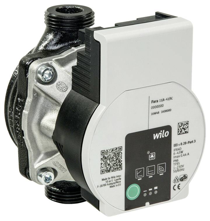 „Čerpadlo Wilo EIB 6-20 Časť 3", kompaktné valcové čerpadlo s elektronickými ovládacími prvkami na prednej strane, určené pre systémy cirkulácie vody.