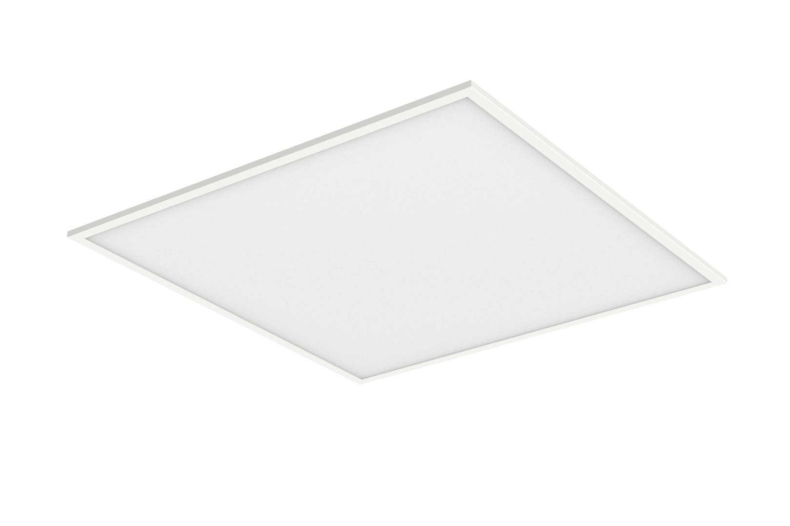 Biely štvorcový LED stropný panelový panel zobrazený v uhle na jednoduchom bielom pozadí.