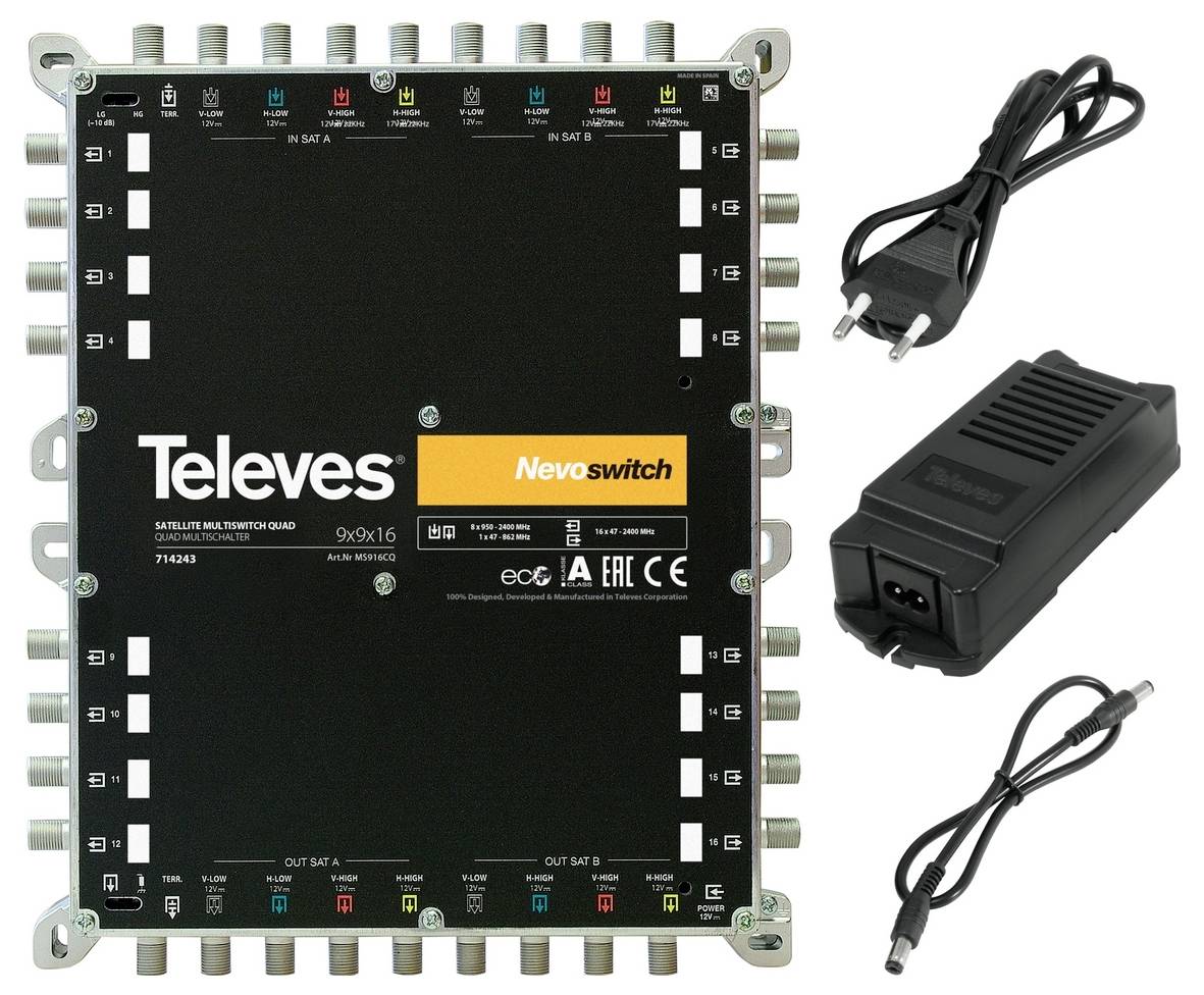 Satelitný multispínač označený ako "Televes Nevoswitch 9x16" s viacerými vstupnými/výstupnými portami, spolu s dvoma zapájacími napájacími adaptérmi.