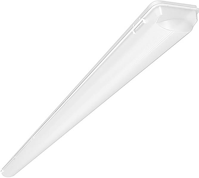 Dlhá, biela fluorescenčná svetelná armatúra s hladkým, zjednodušeným dizajnom, používaná na vnútorné alebo komerčné osvetlenie.