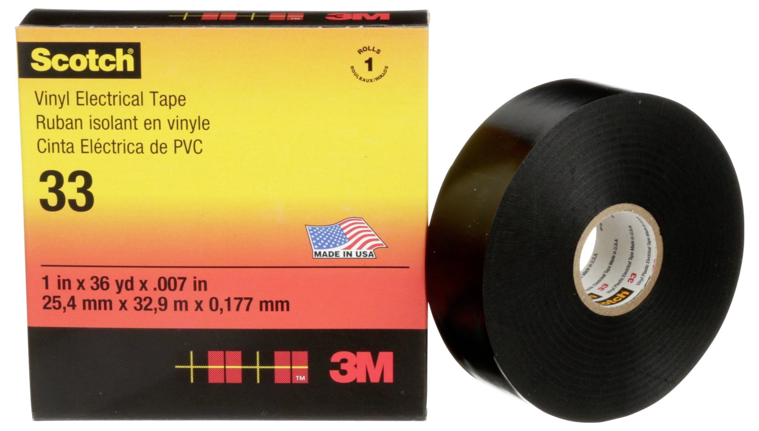 Balenie a role „Scotch Vinyl Electrical Tape 33" s označením rozmerov v palcoch a metrických jednotkách, vlajkou „Made in USA" a logom 3M.