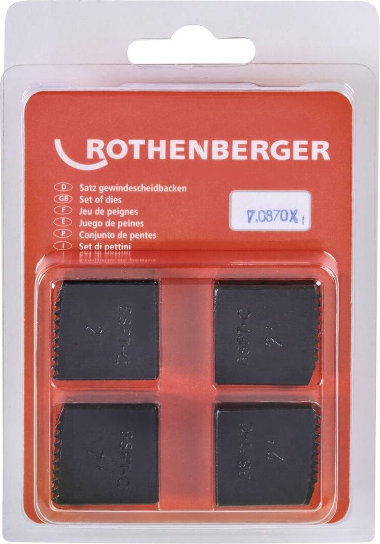 Sada závitových čeľustí 'Rothenberger' v červenom obale, pozostávajúca zo štyroch čiernych závitových čeľustí na závitovanie rúr.
