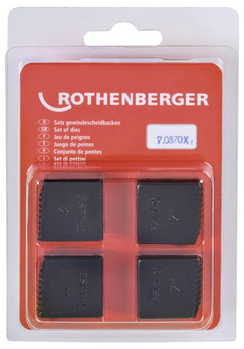Obal značky 'ROTHENBERGER' obsahujúci sadu zápustiek so štyrmi čiernymi kusmi.
