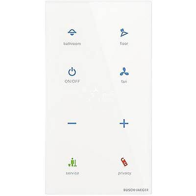 Dotykový panel s ikonami pre „kúpeľňu", „podlahu", „ZAP/VYP", „ventilátor", „+", „servis" a „súkromie". Značka: Busch-Jaeger.