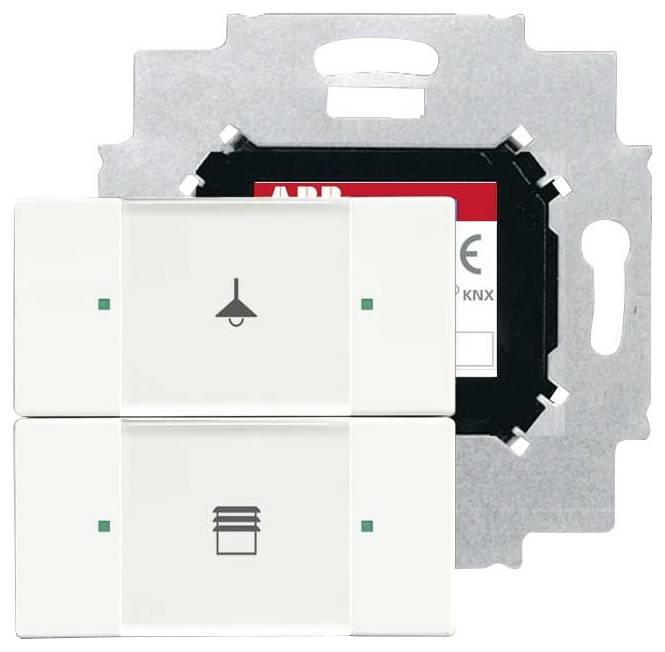 ABB 2-kanálový KNX spínací aktuátor s dvoma tlačidlami: jedno s ikonou žiarovky, druhé s ikonou žalúzie, na ovládanie svetiel a žalúzií.