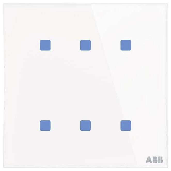 Biely štvorcový panel s šiestimi rovnomerne rozmiestnenými modrými tlačidlami usporiadanými v dvoch vertikálnych stĺpcoch. Logo "ABB" je v pravom dolnom rohu.