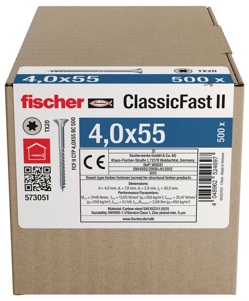 Box skrutiek "Fischer ClassicFast II 4.0x55", veľkosť 4.0x55 mm, množstvo 500 kusov. Medzi funkcie patrí typ hlavy TX20, QR kód a detaily produktu.