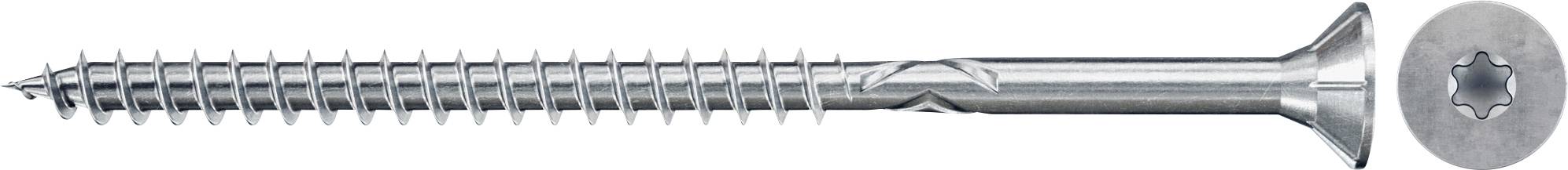 Strieborný skrutkovací špirál Phillips s zapustenou plochou hlavou, zobrazený vedľa okrúhleho zväčšenia jeho hviezdou tvarovému pohonu.