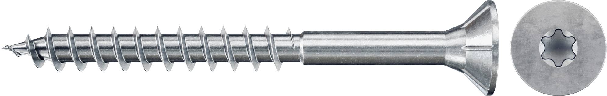 Strieborný skrutka s Torx hlavou zobrazená v bočnom pohľade, s detailom hviezdičkovej pohonne hlavy na pravej strane.