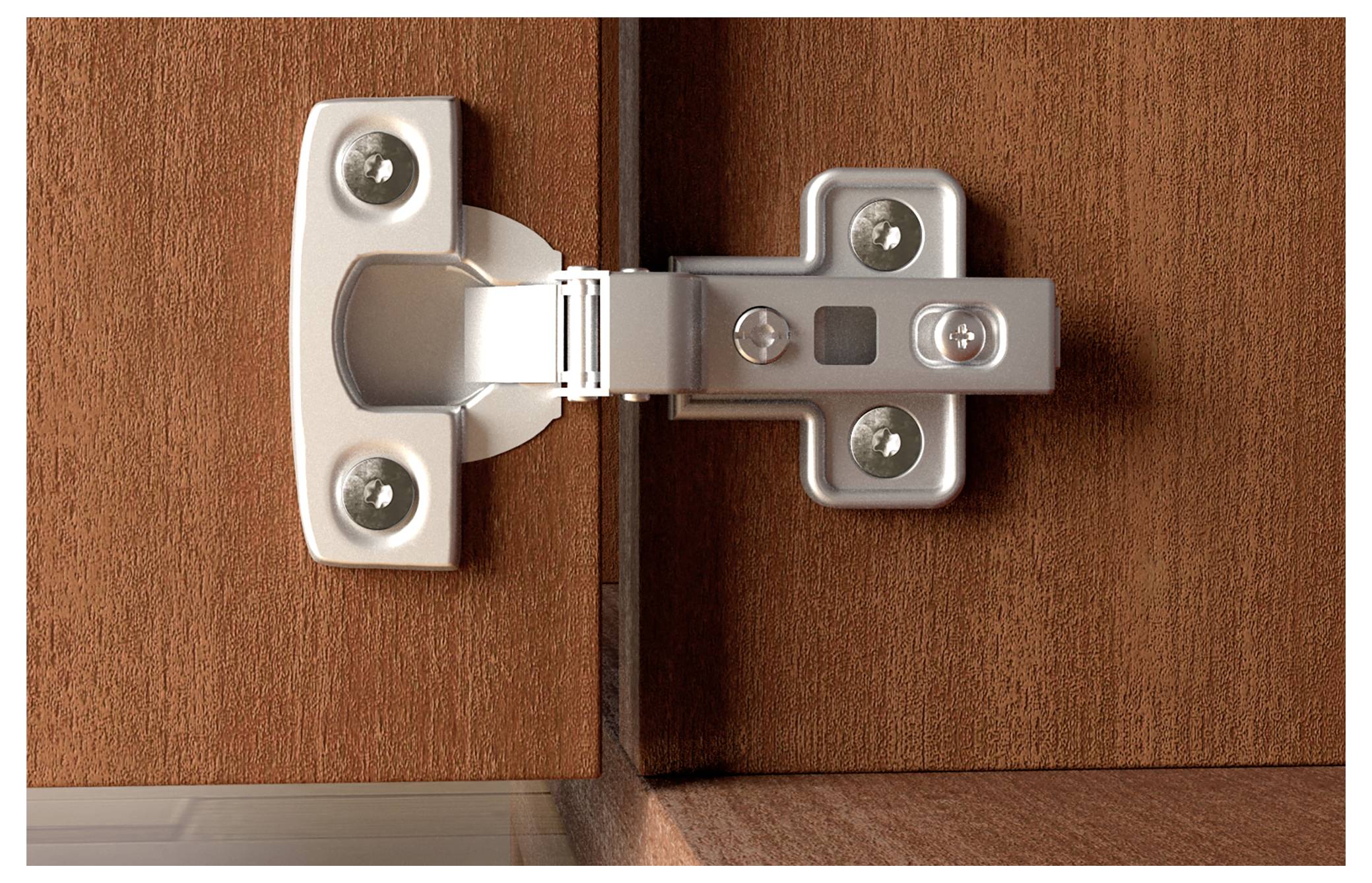 Detailný pohľad na pivotný závес skrine spájajúci dvoje drevené dvere, ktorý znázorňuje kovovú Hardware v otvorenej pozícii.