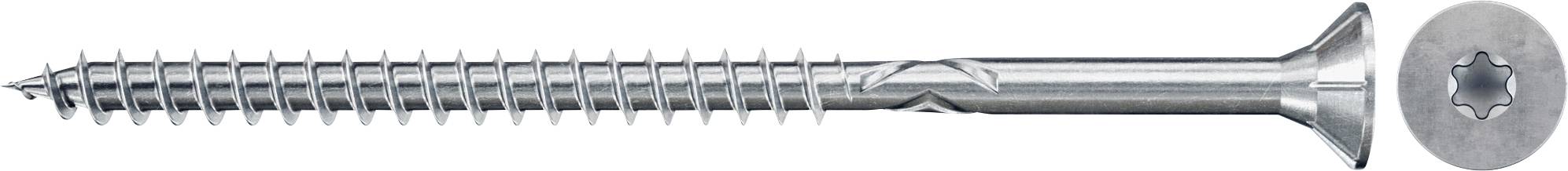 Strieborný skrutka Phillips s plochou hlavou, zobrazená horizontálne s zapustenou hlavou a závitovanou časťou.