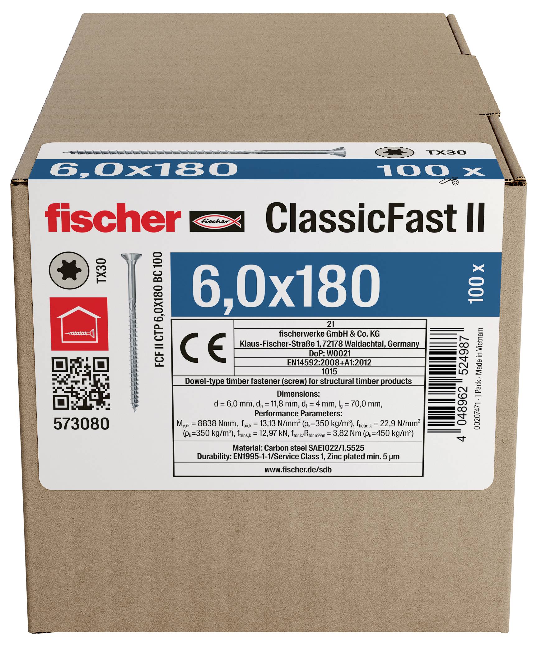 Kartónová škatuľa s Fischer ClassicFast II drevnými skrutkami, označená 6.0x180, 100 kusov, s informáciami o produkte a čiarovým kódom na prednej strane.