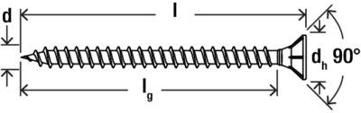 Diagram zápustného skrutku s rozmermi označenými d, l, lg a d h, s uhlom hlavy 90°.