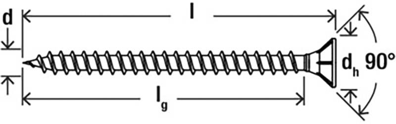 Diagram skrutky so zobrazením označených rozmerov: dĺžka l, dĺžka závitu lg, priemer hlavy dh a uhol zapustenia hlavy 90°.