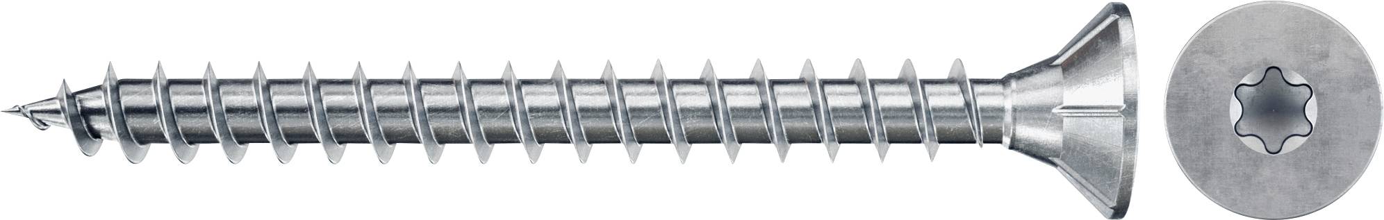Strieborný zapustený Torx skrutka zobrazená v bočnom pohľade s detailným zoomom na Torx pohon na pravej strane.