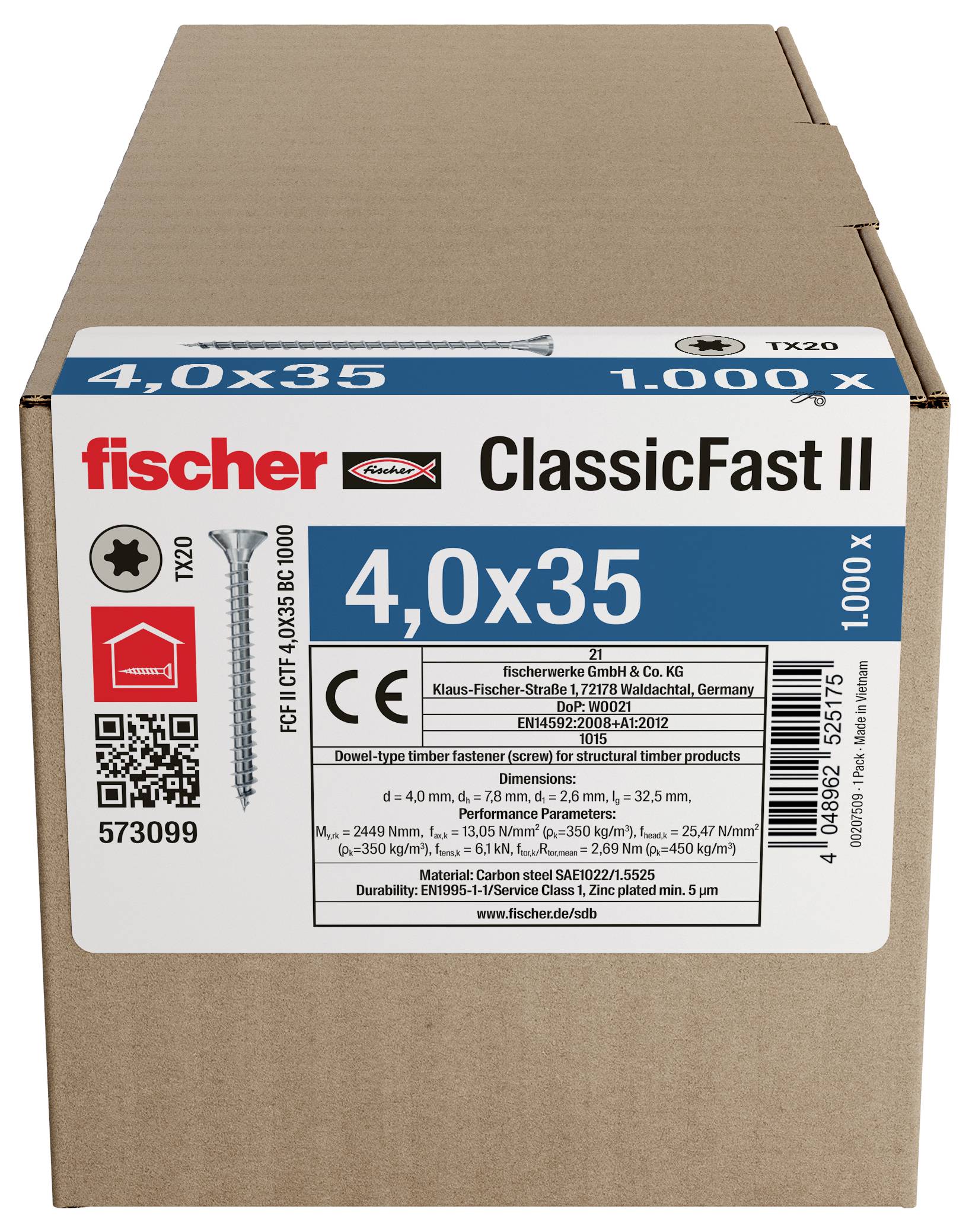 Kartónová krabica označená 'fischer ClassicFast II' 4.0x35, balenie s počtom 1000 kusov skrutiek TX20 s podrobnosťami o produkte a certifikáciou.