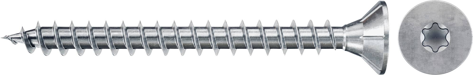 Kovový skrutok s hviezdičkovitou Torx hlavou a plochým zapustenýmvrhom vrchu, používaný na vŕtanie do povrchov.