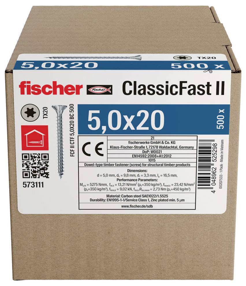 Krabica s drevorezmi Fischer ClassicFast II, 500 kusov, veľkosť 5,0x20. Vrátane červeného loga, kódu produktu a certifikácií.