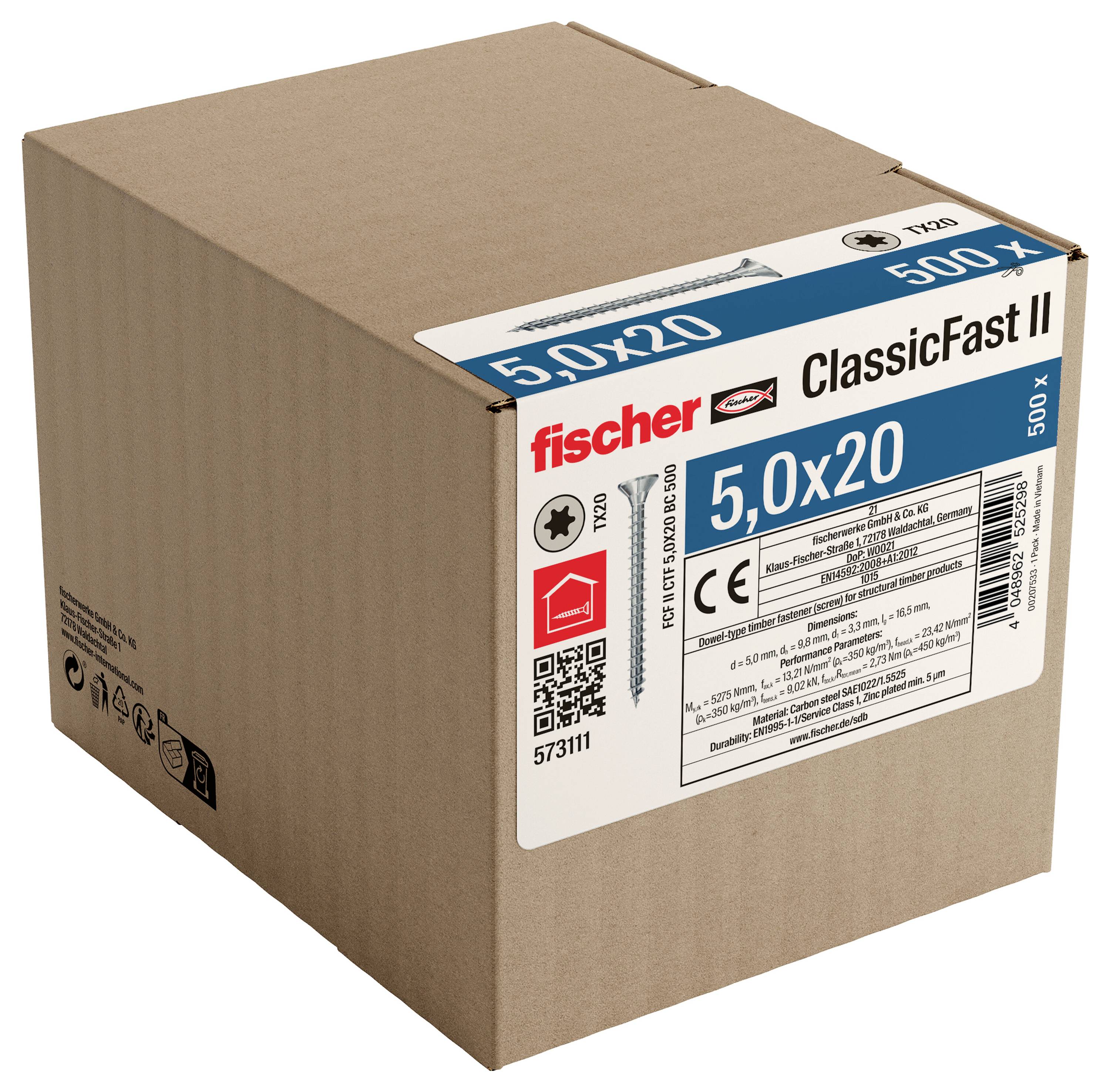 Kartónová krabica s označením "fischer ClassicFast II 5,0x20 500x" zobrazujúca informácie o produkte a veľkosti.