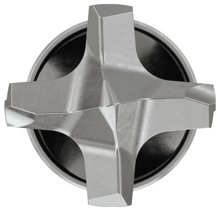 Pohľad z vrchu na striebristý mechanický komponent s krížovitým dizajnom a tmavou kruhovou základňou, ktorý sa podobá na časti priemyselných strojov.