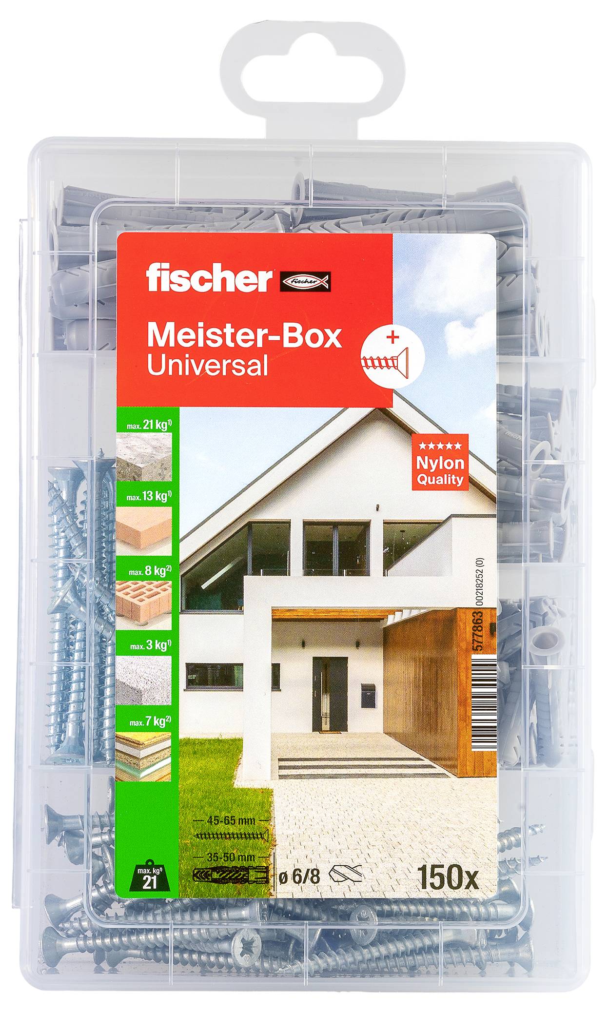 Plastová krabička šrobov a hmoždiniek fischer Meister-Box Universal, označená "150x" a "6/8", s produktovým obrázkom predného pohľadu domu.