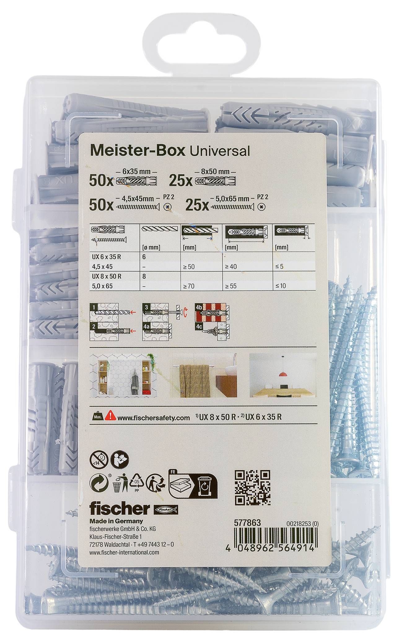 Priehľadná plastová krabička Fischer Meister-Box Universal kotviacich prvkov a skrutiek so označenými sortimentmi a informáciami o produkte na prednej strane