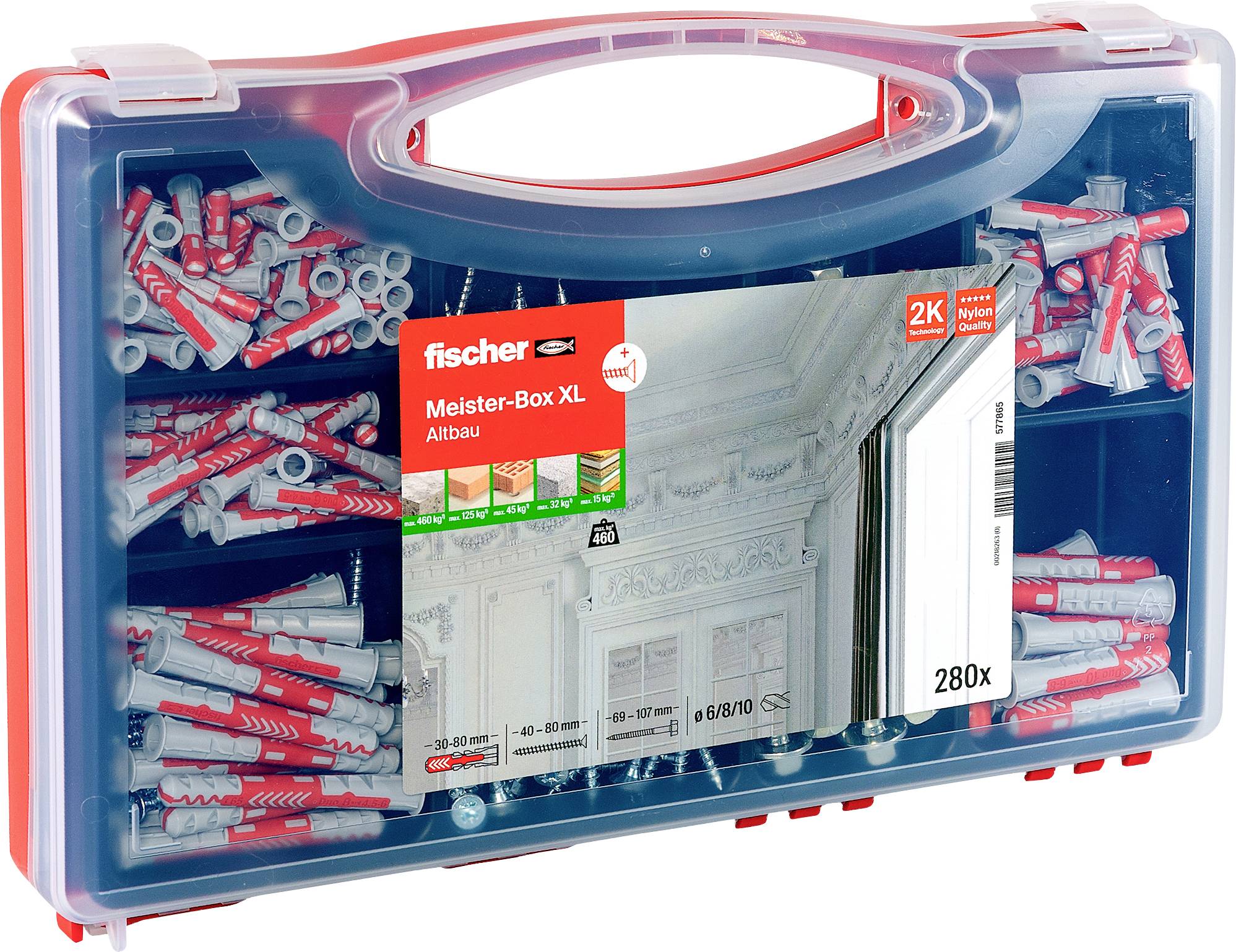 Fischer Meister-Box XL nástenný zástrčkový sortiment v čistej modrej prepravnej kufríku, označený pre nylónové zástrčky 2K a 280 kusov.
