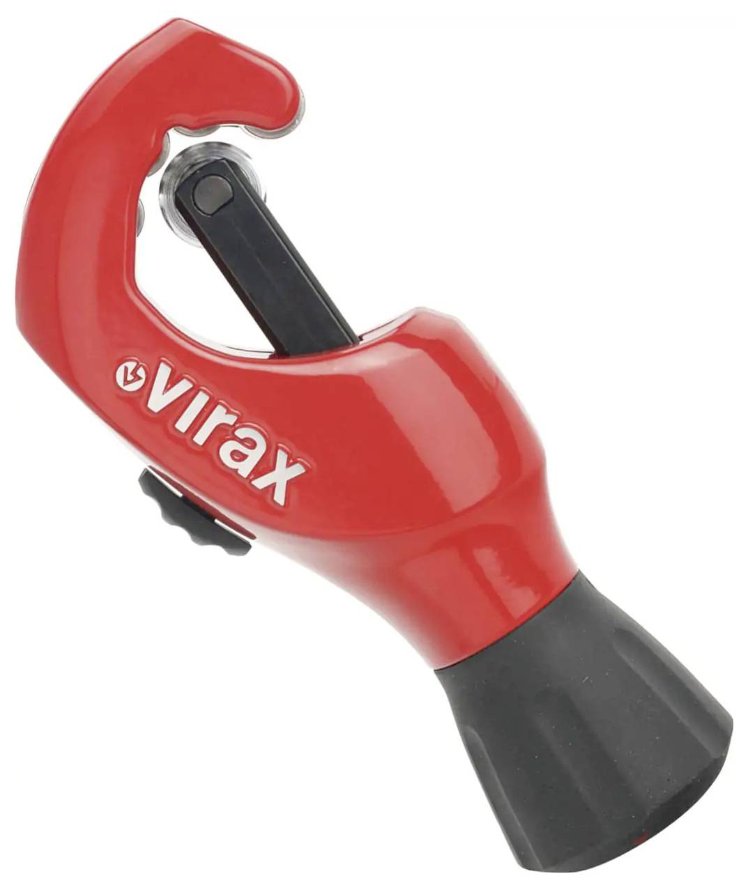 Červený nástroj na rezanie rúr Virax s čiernym rukoväťou, zobrazený na bielom pozadí.