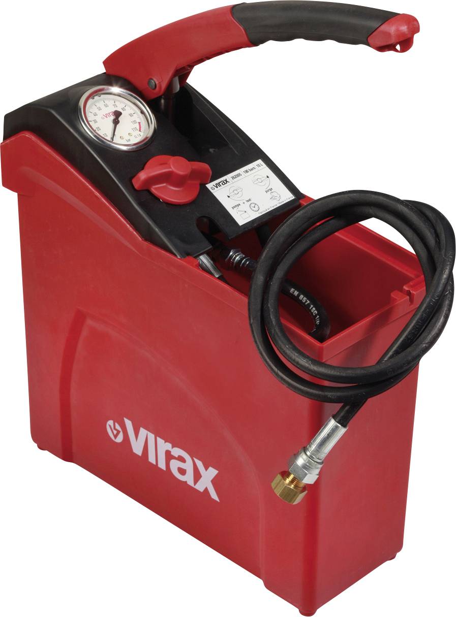 Prenosný tlakový rozprašovač Red ViraX s čerpadlom, manometrom a špirálovou hadicou, zobrazený na bielom pozadí.