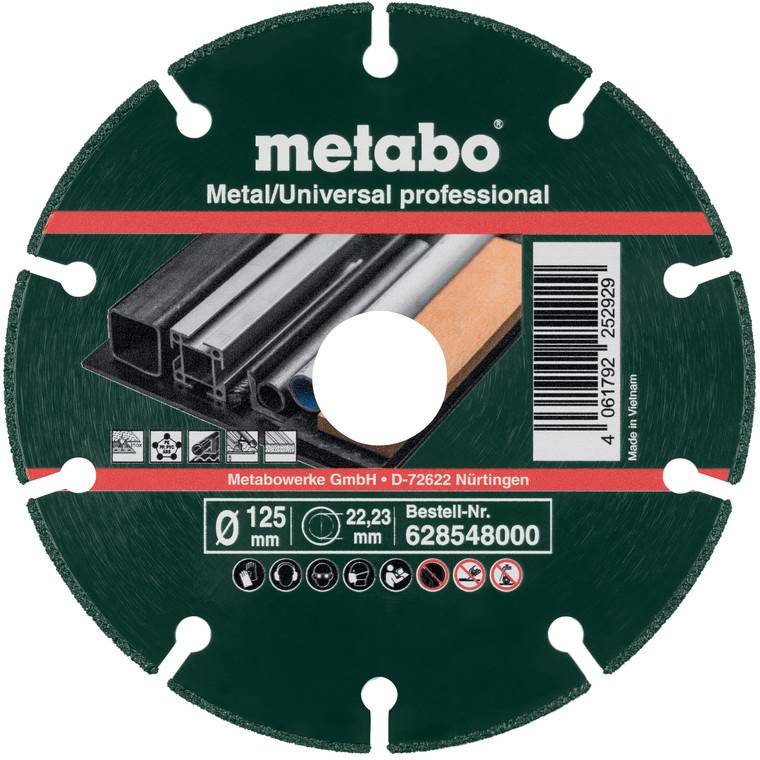 Metabo kovový/univerzálny profesionálny rezný disk - štítok s obrázkom produktu, čiarovým kódom a veľkosťou 'Ø 125 mm' a '22.23 mm'.