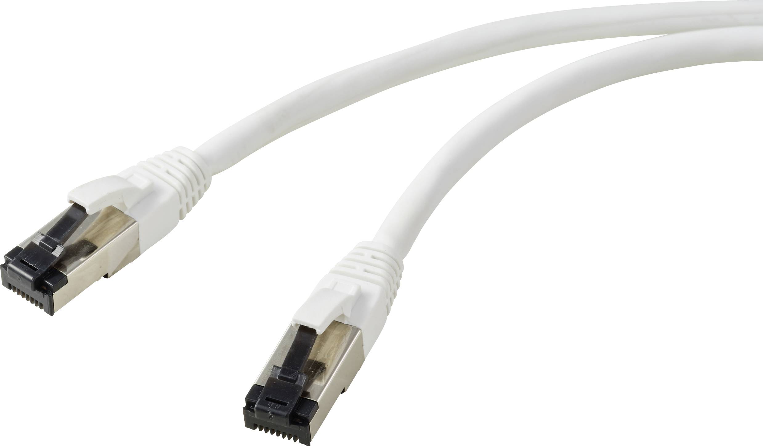 Biely kábel Ethernet s dvoma konektormi, ktorý sa používa na sieťové a internetové pripojenia.