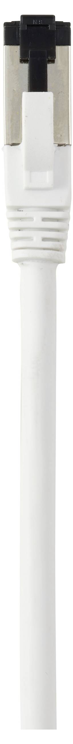 Obrázok zobrazuje zblízka biely Ethernetový kábel s kovový konektorom.
