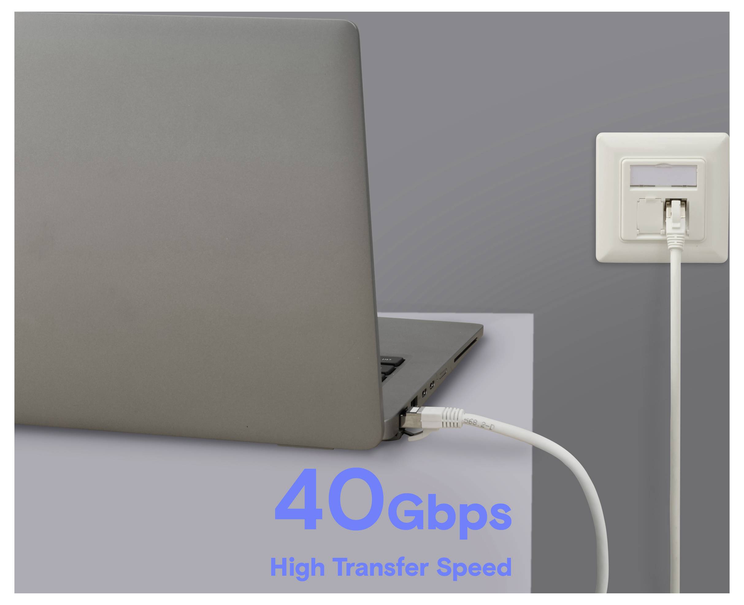 Notebook počítač pripojený cez kábel k zásuvke v stene, zdôrazňujúci "40Gbps vysokú rýchlosť prenosu" s dôrazom na schopnosť rýchleho prenosu údajov.