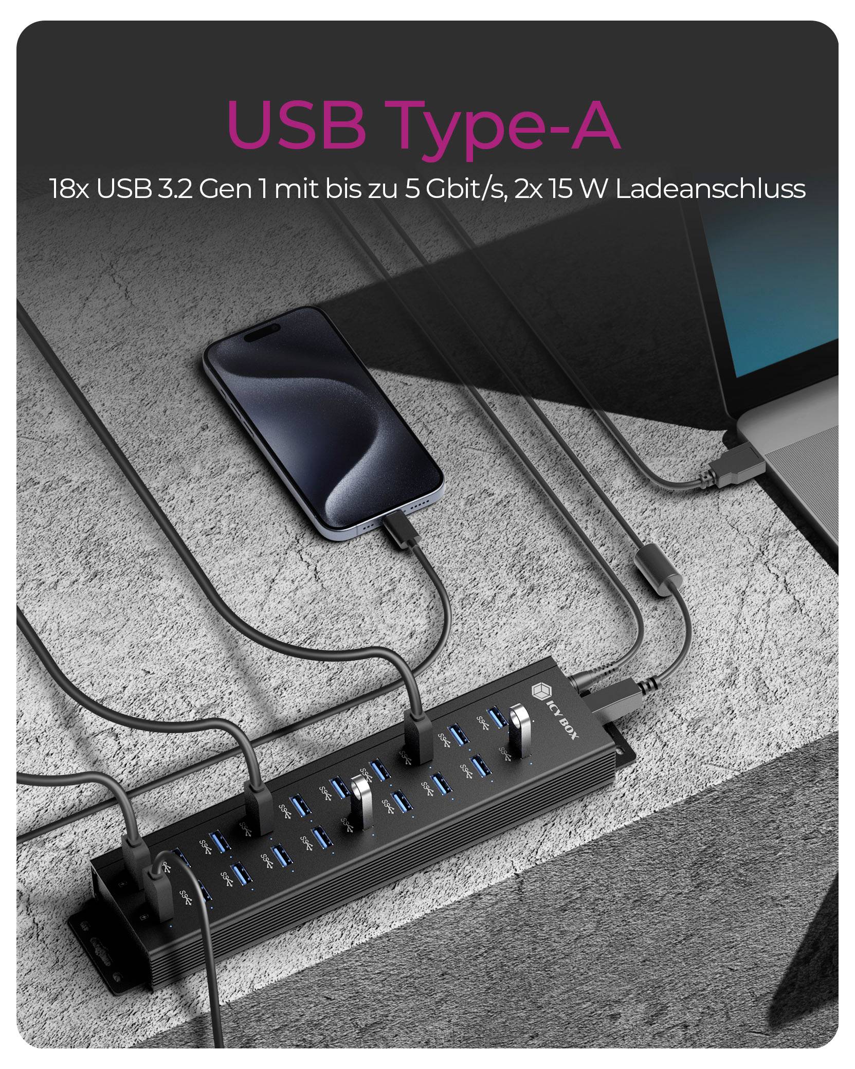 USB hub typu A s pripojenými viacerými zariadeniami, ponúka schopnosti „18x USB 3.2 Gen 1 až do 5 Gbit/s, 2x 15 W nabíjací port".