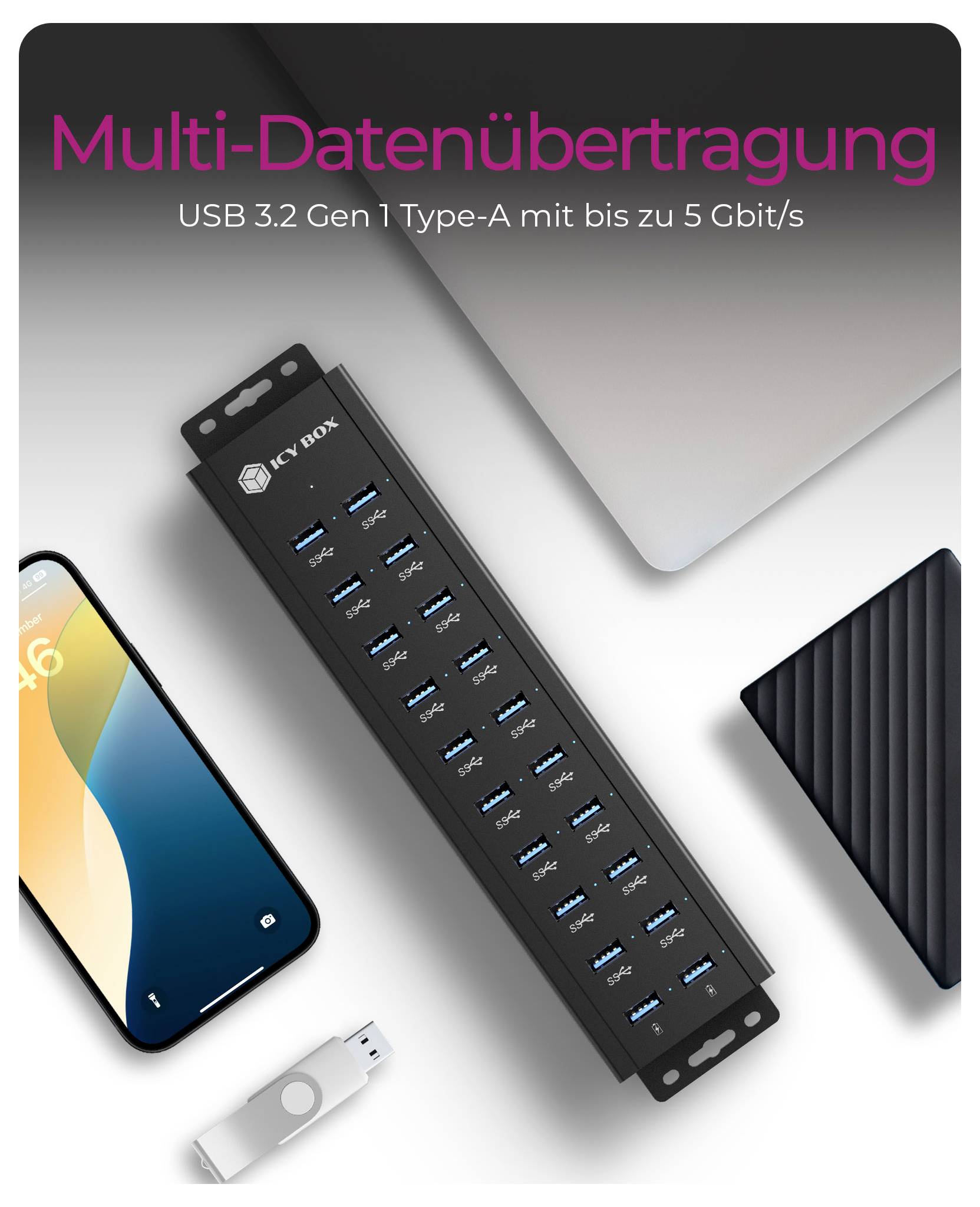 Rozbočovač USB 'Multi-Datenübertragung' pre USB 3.2 Gen 1 Type-A s prenosovou rýchlosťou až 5 Gbit/s, zobrazený so smartfónom, externým harddiskom a USB kľúčom.