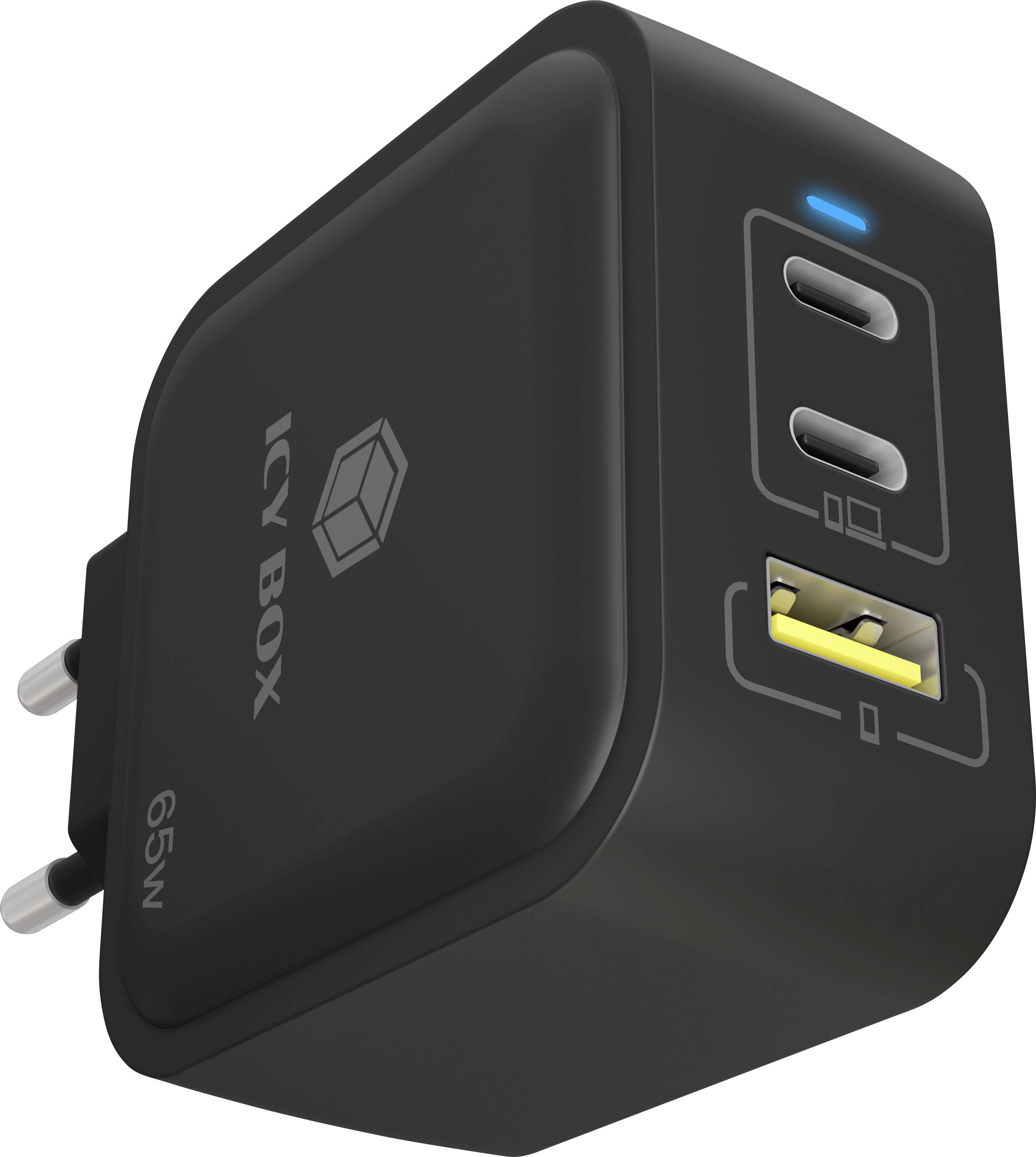 Čierny 65W ICY BOX nabíjací adaptér s dvomi USB-C portami a jedným USB-A portom, s modrou indikačnou kontrolkou a európskou zástrčkou.