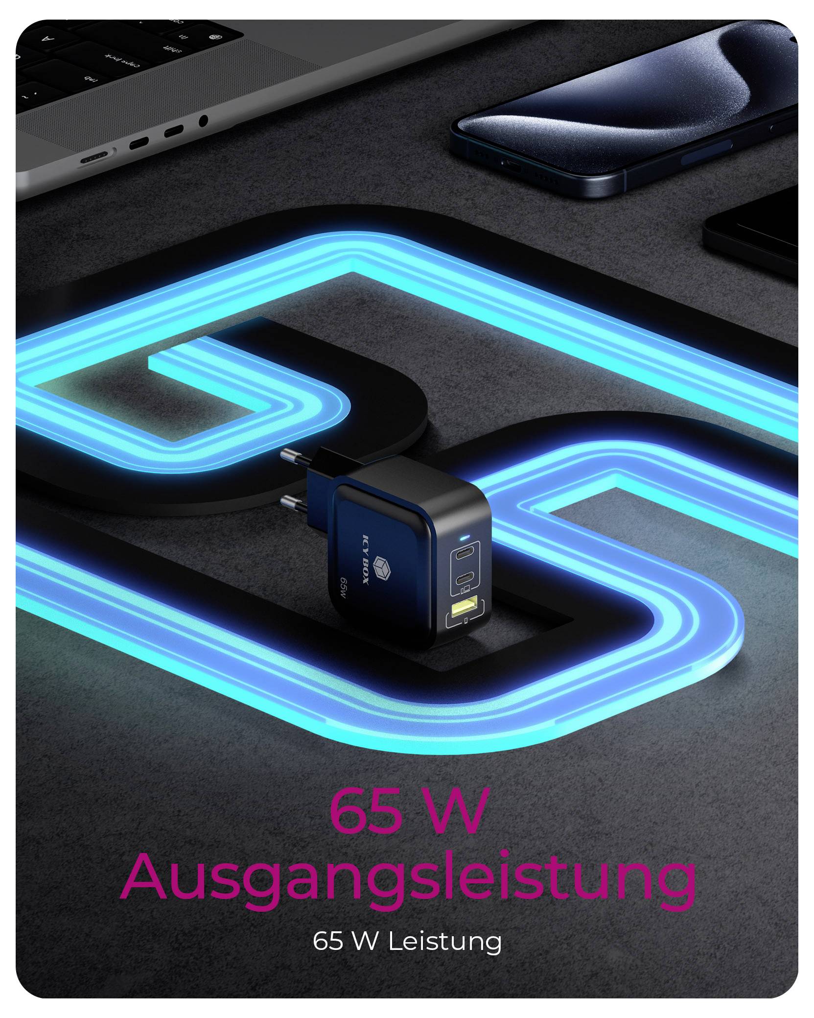 Modrá a čierna nabíjačka s dvoma USB portami na technologickom pozadí. Text znie '65 W výstupný výkon' a '65 W výkon'.