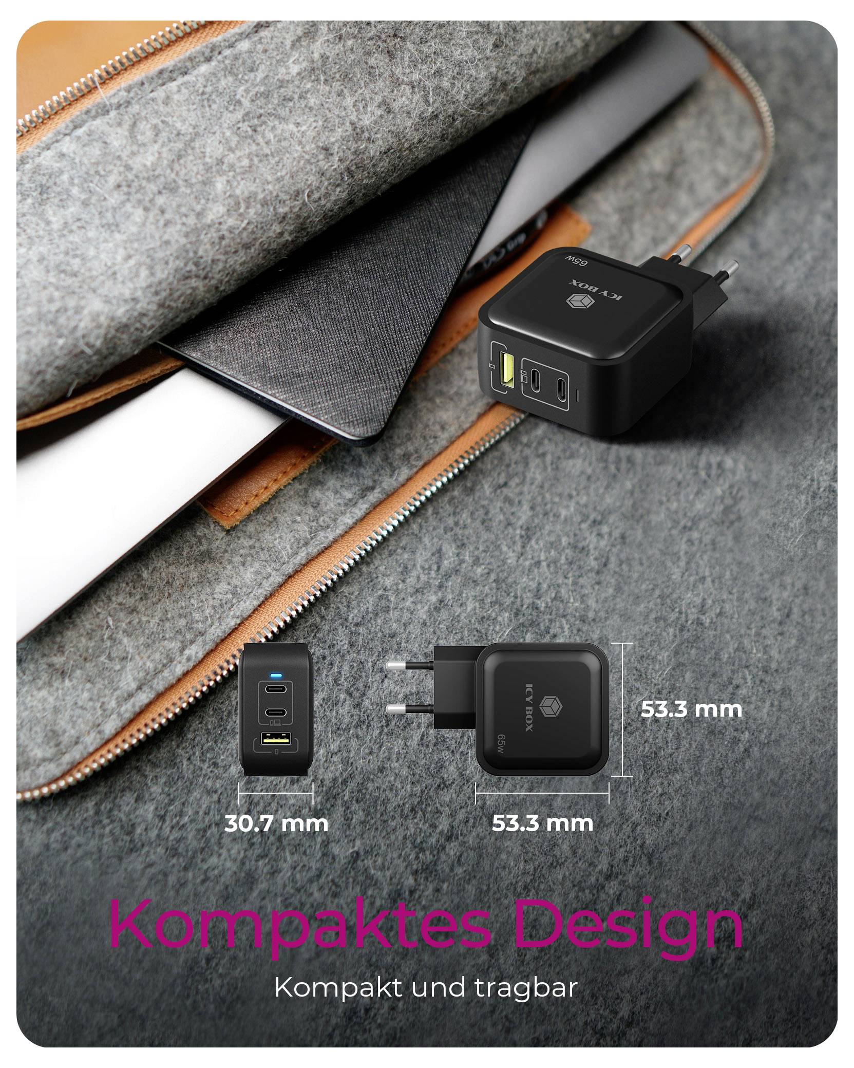 Kompaktná čierna nabíjačka s viacerými portami leží vedľa laptopovej tašky. Nemecký text: Kompaktný dizajn. Kompaktné a prenosné. Zobrazené rozmery: 30,7 mm x 53,3 mm.