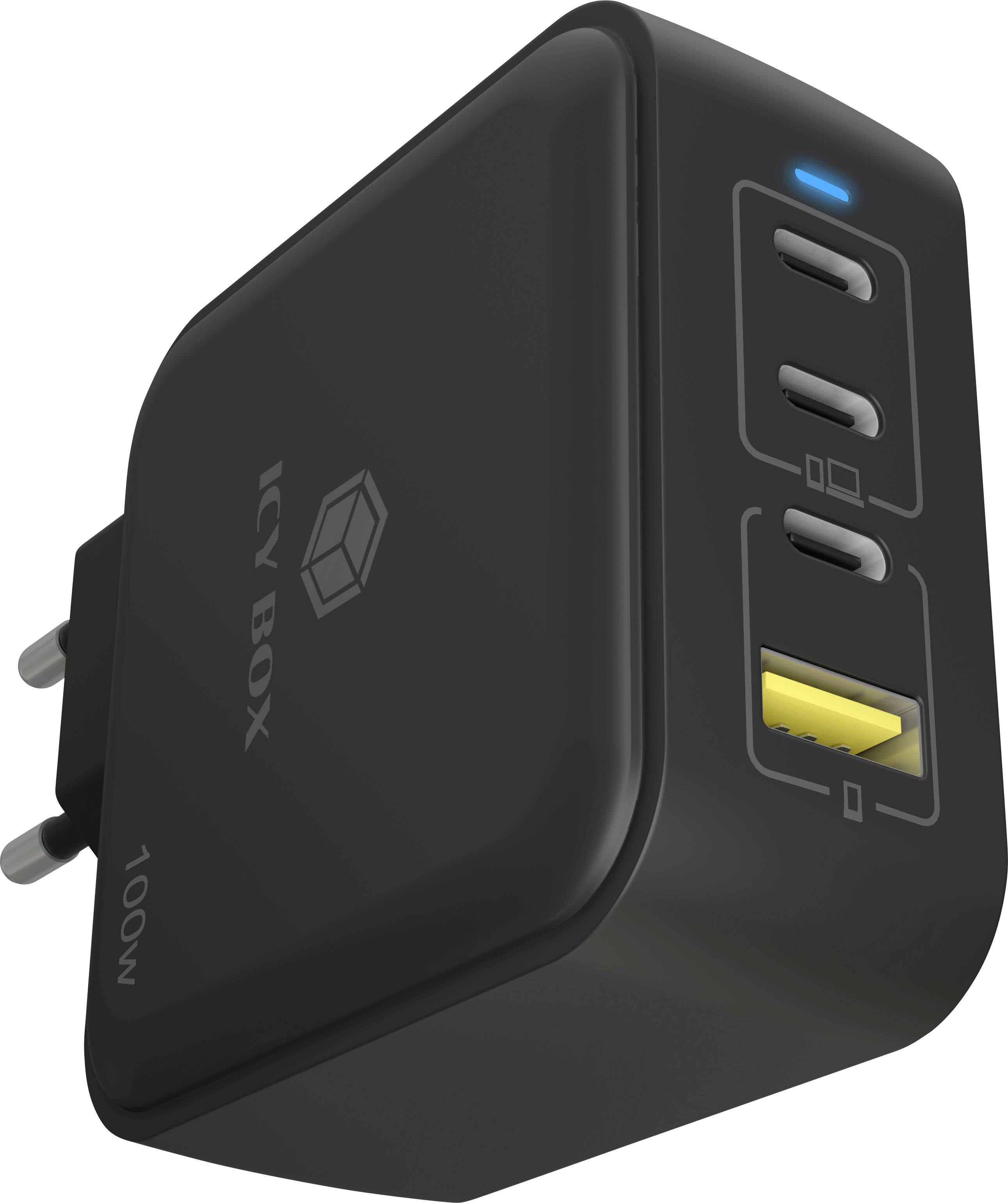 Čierny nabíjací adaptér s dvoma USB-C portami, jedným USB-A portom a LED indikátorom. Text na adaptéri znie 'ICY BOX 100W'.