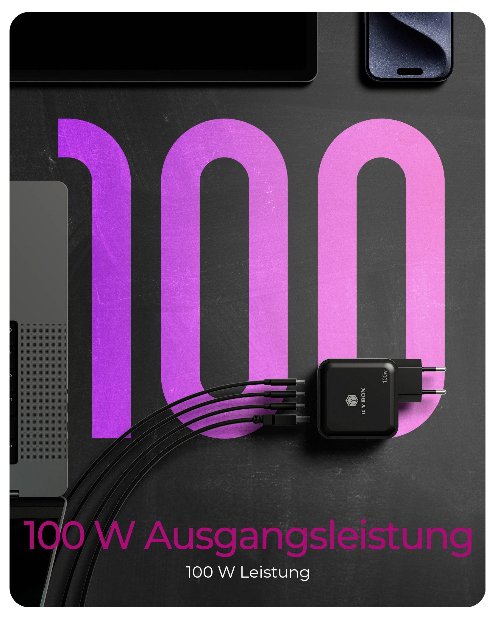 Obrázok zobrazuje čiernu nabíjačku s viacerými portami na tmavom povrchu, obklopenú káblami. Veľký text hlása „100 W výstupný výkon", čo naznačuje jej elektrickú kapacitu.