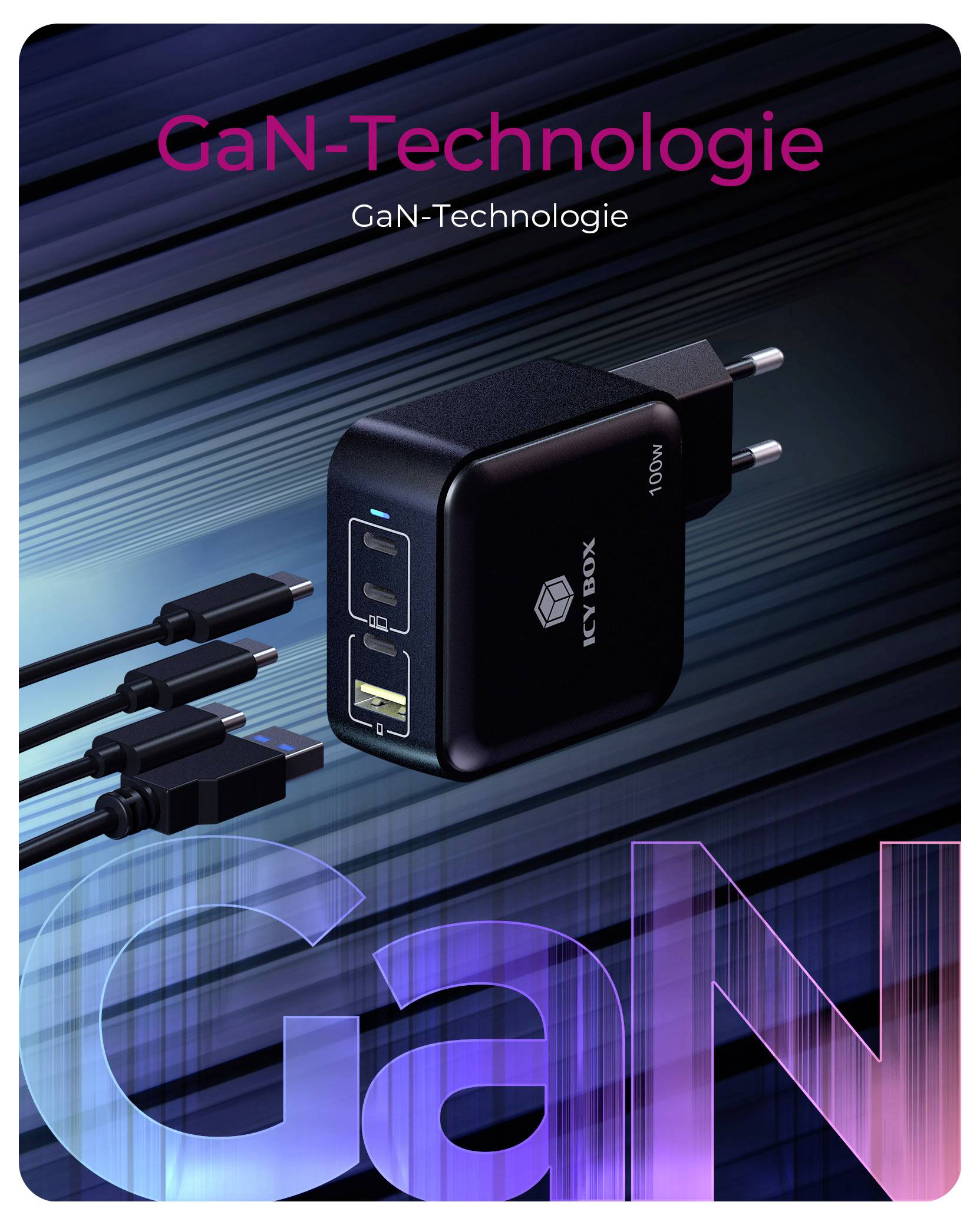 Nabíjačka z technológie GaN v čiernej farbe s viacerými USB portami je zobrazená, pričom má štíhly dizajn a odnímateľnú elektrickú zástrčku.