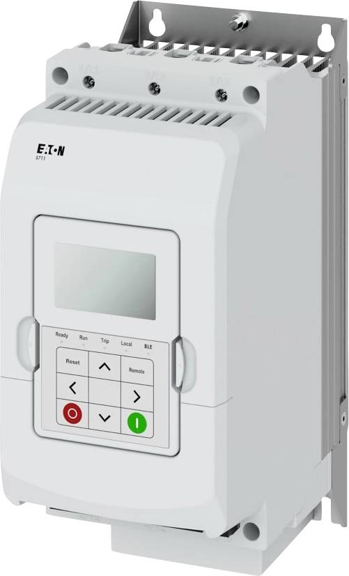 Elektronické zariadenie 'Eaton', v tvare krabice, s predným panelom vybaveným obrazovkou a tlačidlami pre nastavenie ovládania, namontované na kovovom držiaku.