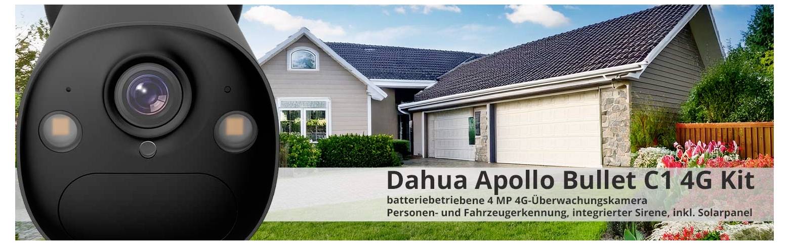 Kamera sledujúca priestor v kamerovej kupole a rodinný dom v suburban pozadí. Text: Dahua Apollo Bullet C1 4G Kit, so zoznamom funkcií.