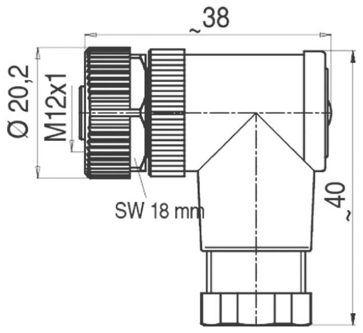 Technický výkres lakťového konektora s rozmermi: dĺžka 38 mm, výška 40 mm, priemer 20,2 mm, veľkosť závitu M12x1, veľkosť kľúča SW 18 mm.