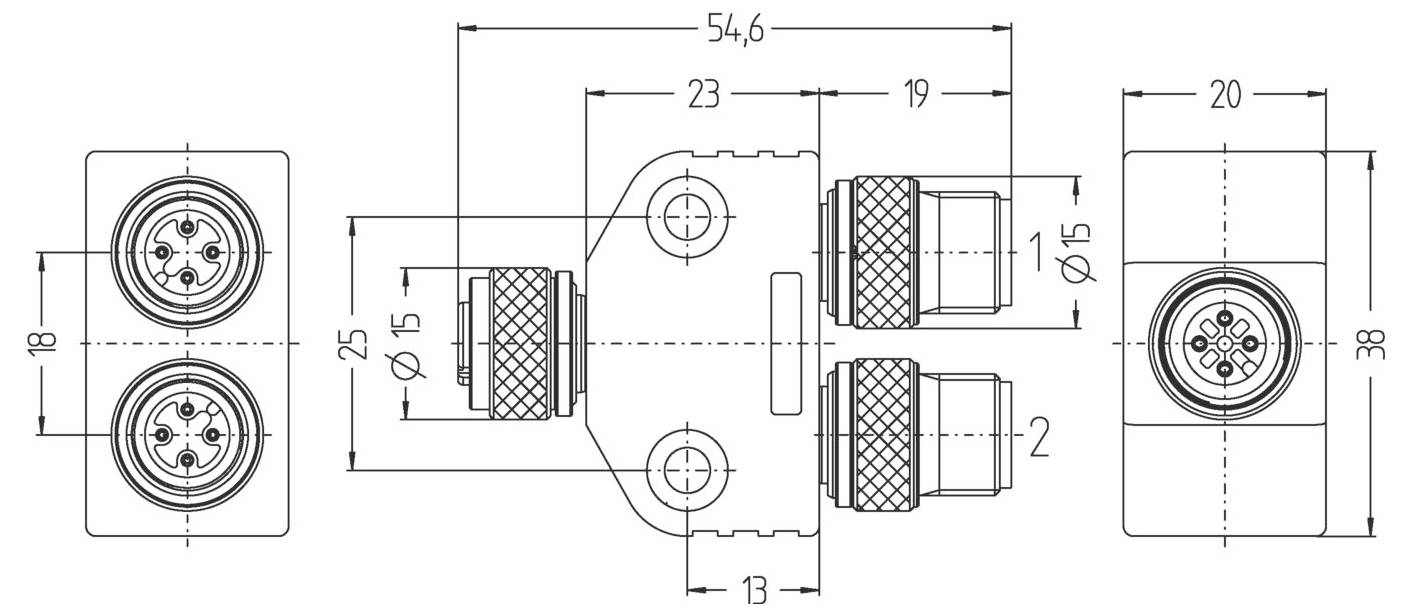 Technický diagram konektora s rozmermi: šírka 54,6, výška 38 a priemery 15. Obsahuje štítky pre rôzne rozmery.