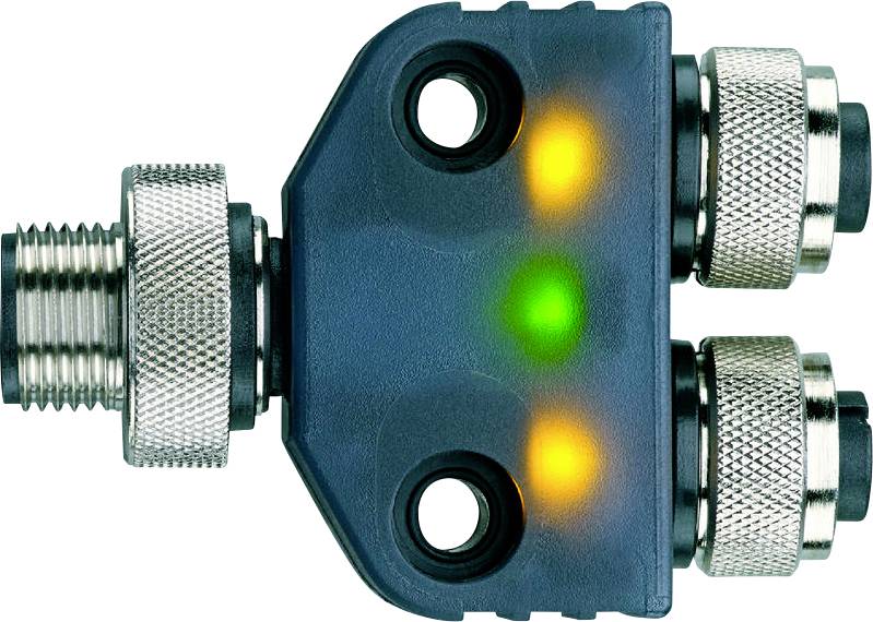Elektronický konektor s dvoma skrutkovými závitmi, vybavený dvoma oranžovými a jedným zeleným LED indikátorom, ktorý naznačuje prevádzkový stav.